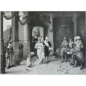 Wedding Party Etching After Painting By Adrien Moreau 19th Century