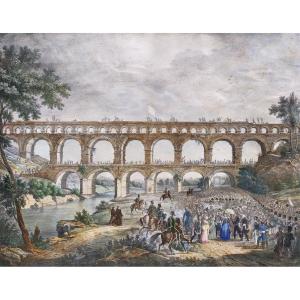 Viaduc Du Pont Du Gard Lithographie Aquarellée 