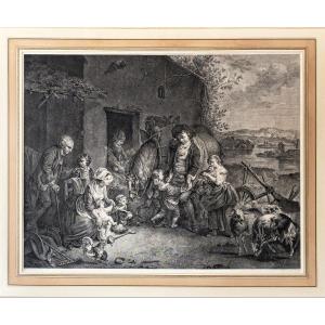 Dutch Village Scene After Charles Benazech 18th Engraving