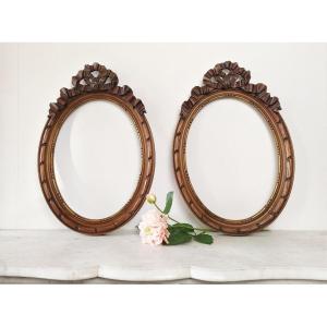 Pair Of Oval Frames In Carved Wood Mirror Painting Or Etching