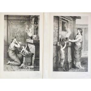 Pair Of  Etchings  Neo Classical Style By Jules Jacquet Roman Scene Maternity 19th C
