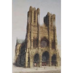 Cathedral Of Reims Etching Engraving By Pourteaux 