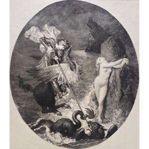 Gravure Mythologique  Roger délivrant Angélique d'Après Ingres 