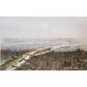 Paris Aerial View Watercolor Lithograph XIXth