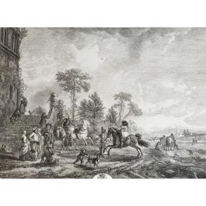 Carousel Horses Etching Engraving Old Print 18th C  After Wouverman