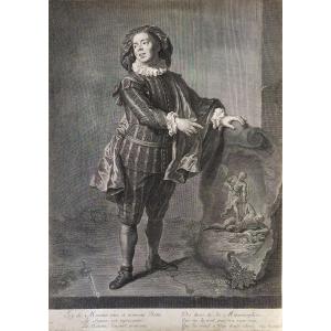  Engraving Etching  Angelo Costantini, Mezetin Comedia Del Arte 18th C Old Print