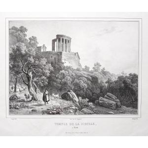 Temple De La Sibylle à Tivoli Lithographie Ancienne Par Deroy d'Après Coignet