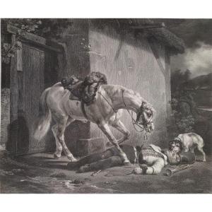 Grande Gravure  Le Trompette Blessé Cheval Cavalier 