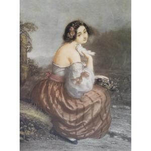 Etching Portrait Of A Romantic Lady After André Jules Watercolored Engraving 19th C Old Print