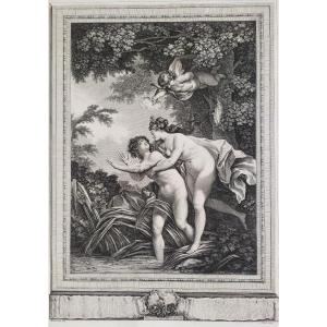 Gravure Mythologique Salmacis Et Hermaphrodite Par Vidal d'Après Monnet XVIIIème