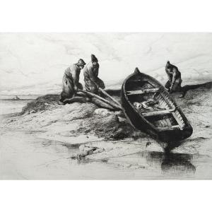 Pêcheurs Mettant Leur Barque à l'Eau Gravure Par Valentin Foulquier