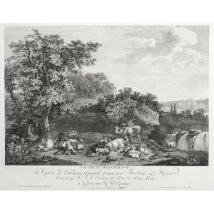 Etching Forest Landscape Engraving After Frederic Meyer The Dangerous Fall 18th C Old Print