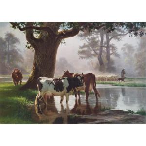 Barbizon Landscape The Cows Watercolor Engraving After Auguste Bonheur Etching Old Print