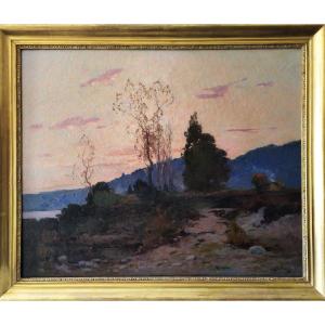 Oil Painting Landscape Of Bugey Sunset By Boulanger René-louis 19th C