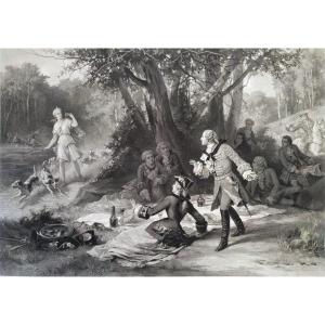 Large Engraving Of Hunting Louis XV And Marquise De Pompadour After Antoine Morlon