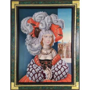 F.sala Tableau Huile Portrait Femme En Costume Renaissance 