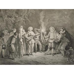  l'Amour Au Théâtre Italien d'Après Antoine Watteau Gravure 19ème