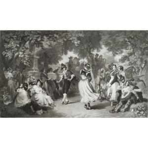 Etching Il Saltarello The Dance Large Engraving 19th C Old Print