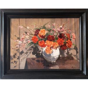  Oeillets  Nature Morte Fleurs Tableau Huile Sur Toile Jules Roblin