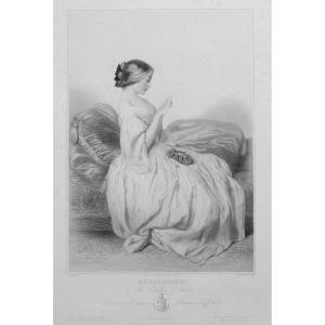 Etching Portrait  Of A Lady  Engraving After Vidal 19th C Old Print