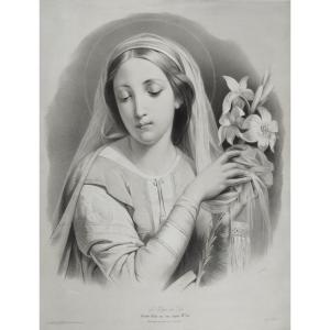 Virgin With Lilies Large Lithograph By Julien 19th C Old Print