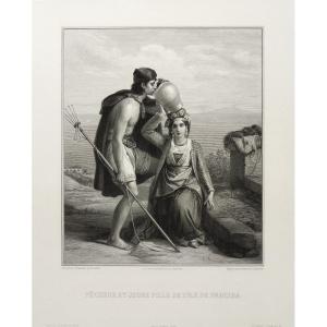 Gravure d'Alphonse Lamotte d'Après Léopold Robert Pêcheur Et Jeune Fille Grecque