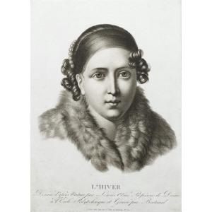 Etching Allegorical Engraving Winter Portrait Of A Lady By Lemire Empire Period 19th C Old Print