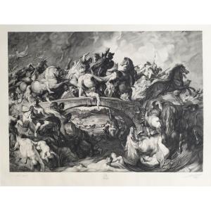 Etching The Battle Of The Amazons Engraving After Rubens By Louis Greuse Old Print