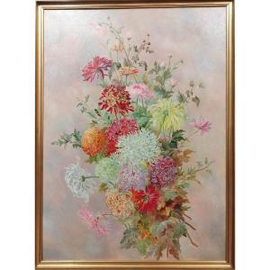 Grand Tableau Nature Morte Fleurs  Huile Sur Toile XXème