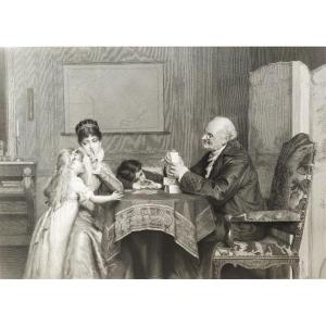 Etching The House Of Cards Engraving After Louis émile Adan 19th C Old Print