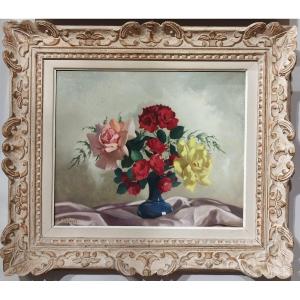 Oil Painting Still Life Flowers  Roses By Armand Dehondt Belgian Painter Mid Century