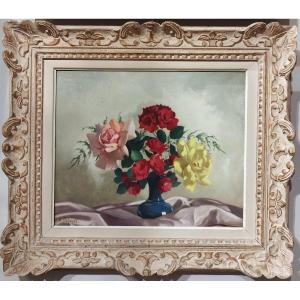 Tableau Huile Sur Toile Nature Morte Fleurs Roses Par Peintre Belge Armand Dehondt 