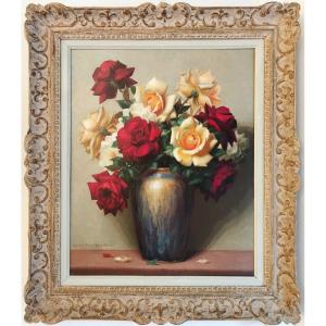 Tableau Huile Sur Toile Nature Morte Roses Par Gaston Albert - Lavrillier 