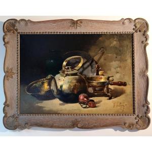 Oil Painting  Still Life With Kitchen Brass By Victor Gallois 19th C