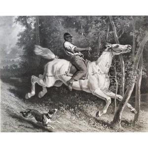 Horse Carried Away Lithograph After Alfred De Dreux 19th C Old Print
