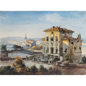 Siege Of Rome 1849 Villa Ruined By Bombs, Watercolor