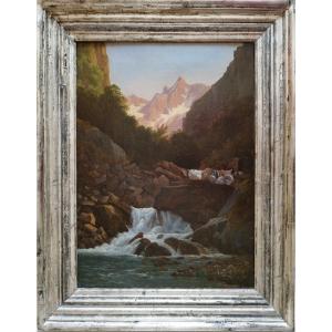 Tableau huile sur toile  Paysage Montagne Cascade école Suisse 19ème