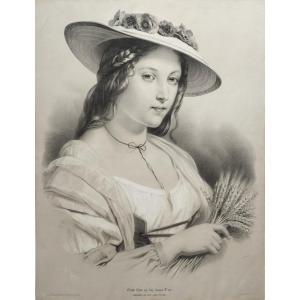 Woman In A Straw Hat Large Lithograph After Brochart 19th C  Old Print