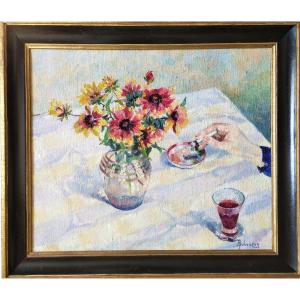  Tableau Huile Sur Toile Nature Morte  Fleurs Cendrier Cigarette Tabacologie 20ème