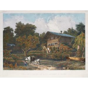 Engelmann Watercolored Lithograph View Of The Chalet Delessert In Passy Paris 1829