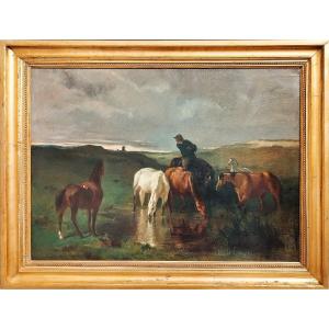 Chevaux Paysage nocturne  tableau huile sur toile  XIXème