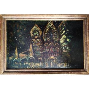 Tsar Saltan décor opéra russe  tableau huile  20ème