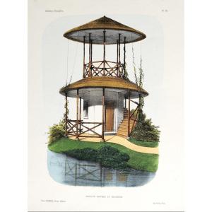 Architecture Pavillon et belvédère Lithographie aquarellée par Victor Petit 19ème