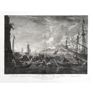 Vesuvius Italy Engraving  Seascape View Of The Port Large Etching 18th C After Salvator Rosa