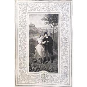 Etching The Engagement Ring Romantic Engraving After Ludwig Kachel 19th C Old Print