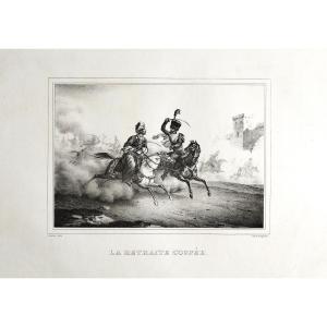 Lithographie Ancienne orientaliste Par Engelmann  La Retraite coupée XIX cheval arabe bataille