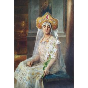 Portrait de la soprane Lydia Lipkovska  tableau huile sur toile par Léonie Michaud 20ème