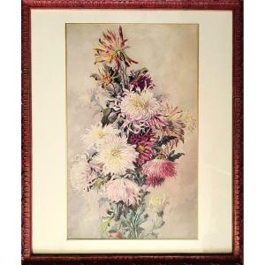 Chrysanthèmes Aquarelle par Eugène-Jules Eudes  20ème