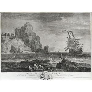 Grande gravure marine Départ pour la pêche par Jacques-Philippe Le Bas d'après Vernet 18ème