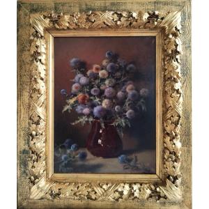 Oil Painting Bouquet Of Thistles  Flowors By Jules Laurens 19th C